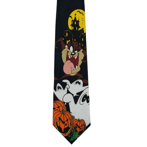 Vtg Looney Tunes Mania Neck Tie 4"x58" Halloween Taz Ghost Jack O Lantern 1996 - Picture 2 of 7